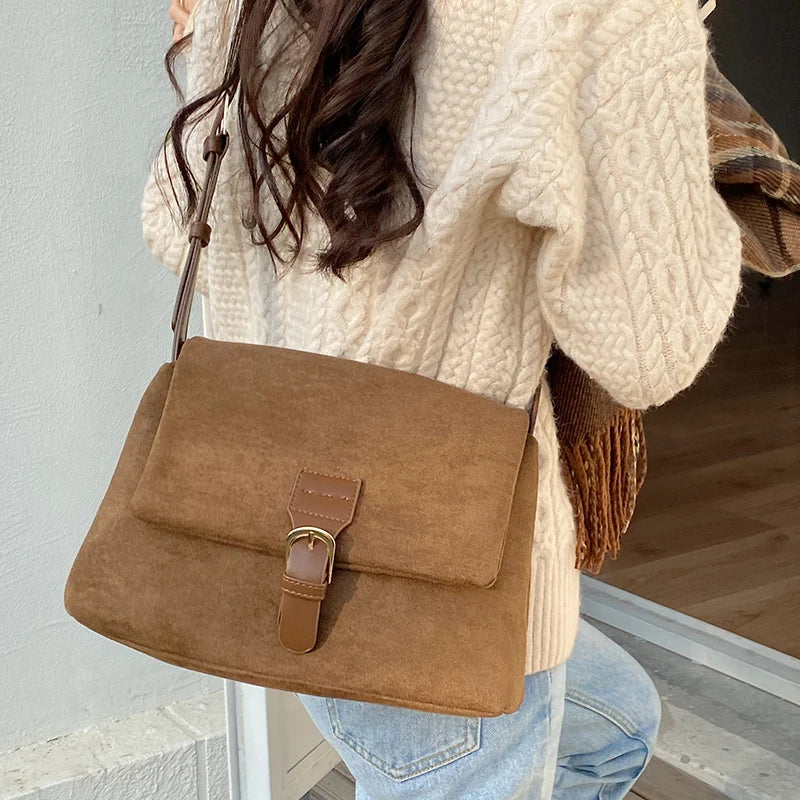 Retro Faux Suede Women's Shoulder Bag Large Tote Messenger Bags Solid Purse