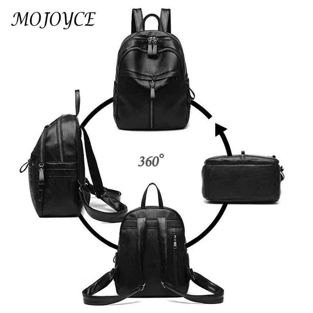 Retro Solid Rucksack Large Zipper Backpack PU Leather School Knapsack