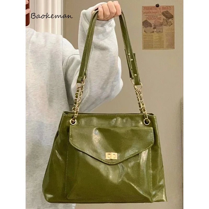 Retro Green Leather Large Capacity Handbag Women Casual Tote Shopper
