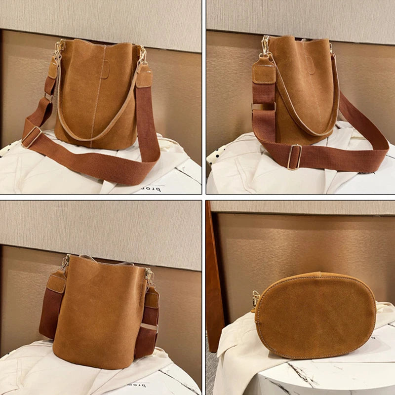 Retro High Capacity Bucket Bag Nubuck Leather Shoulder Handbag