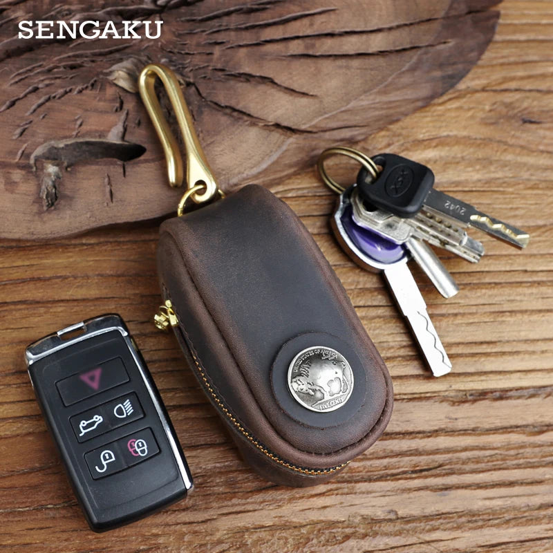 Retro Leather Key Wallet Car Key Holder Bag with Zipper Key Ring