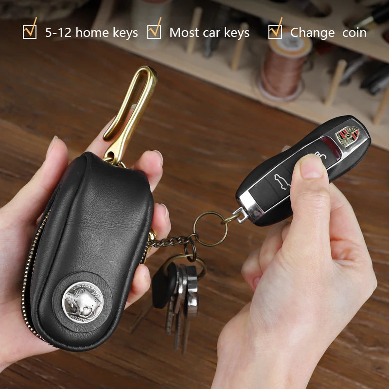Retro Leather Key Wallet Car Key Holder Bag with Zipper Key Ring