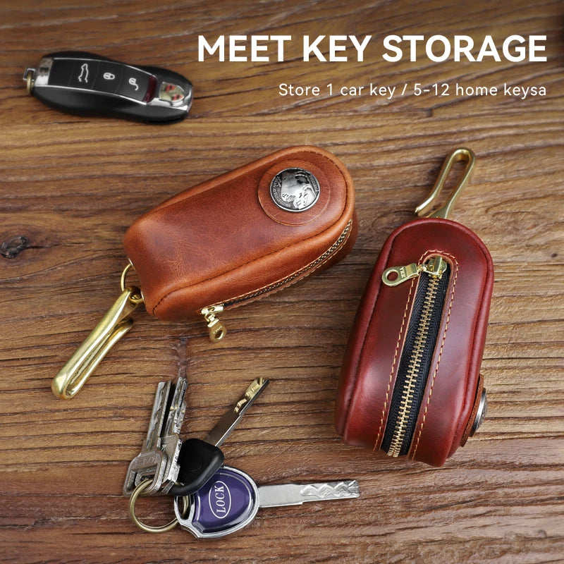 Retro Leather Key Wallet Car Key Holder Bag with Zipper Key Ring