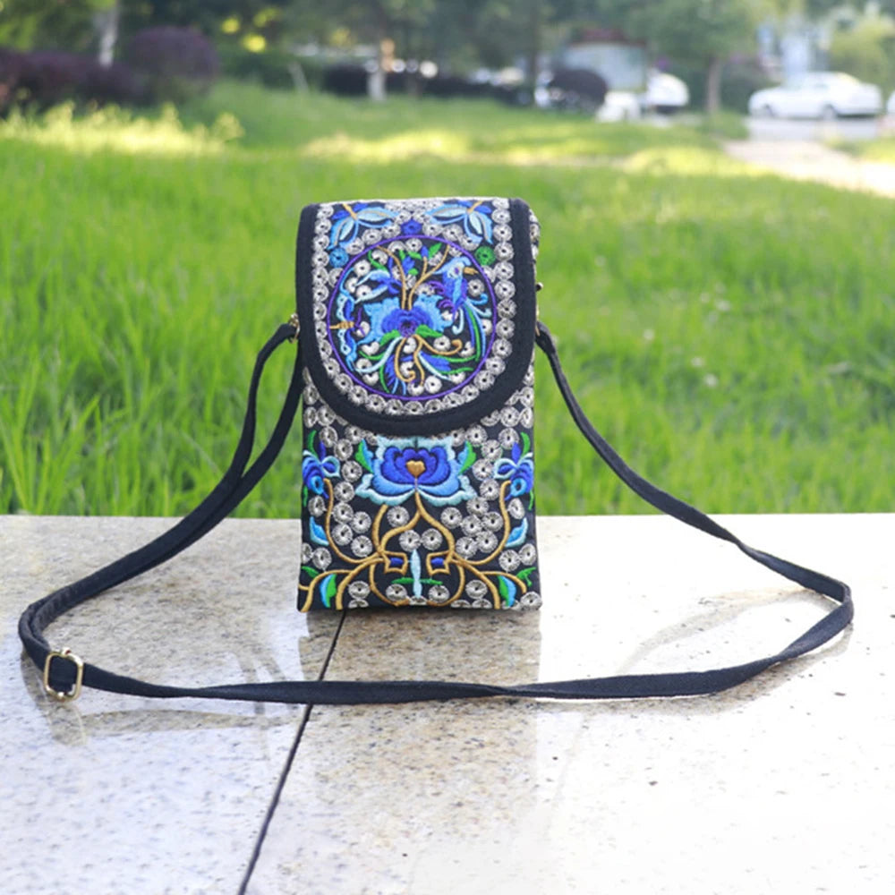 Ethnic Style Crossbody Cell Phone Bag Embroidered Canvas Purse