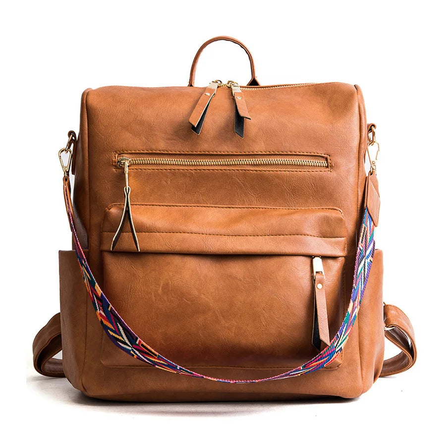 Retro Large Capacity Backpack Women PU Leather Rucksack Shoulder School Bags