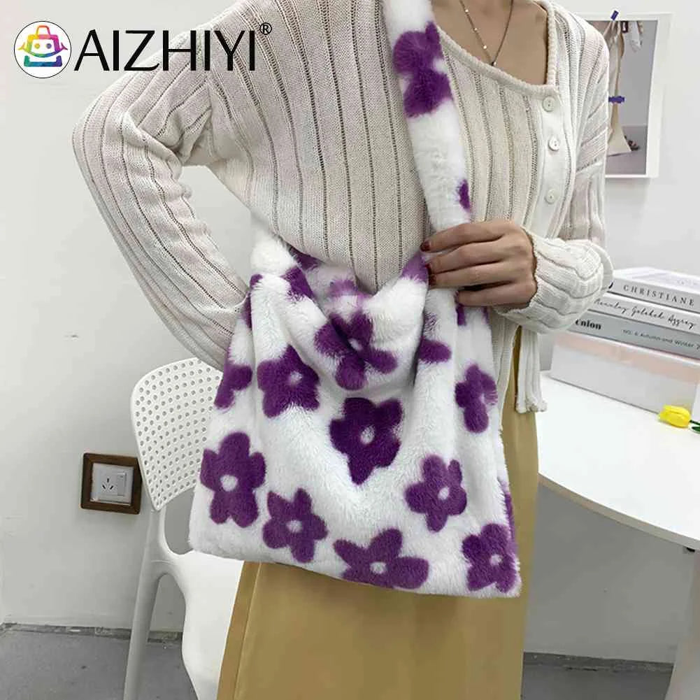 Leopard Print Soft Plush Shoulder Bag Winter Warm Fluffy Tote for Women