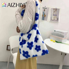 Leopard Print Soft Plush Shoulder Bag Winter Warm Fluffy Tote for Women