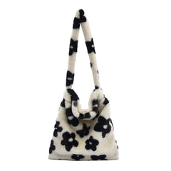 Leopard Print Soft Plush Shoulder Bag Winter Warm Fluffy Tote for Women