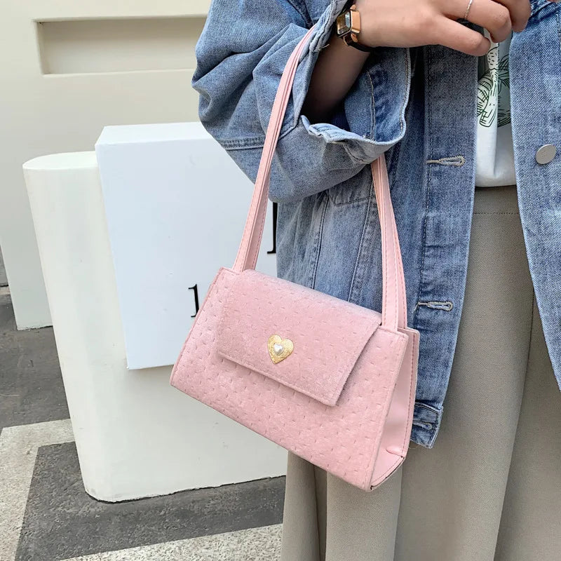 Velvet Pink Heart Underarm Bag Small Square Shoulder Bag