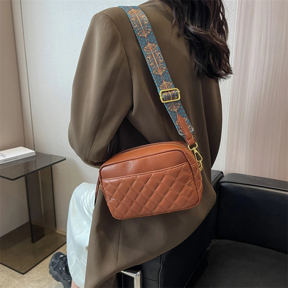 Quilted PU Leather Crossbody Sling Bag Prints Wide Strap Crossbody Bag