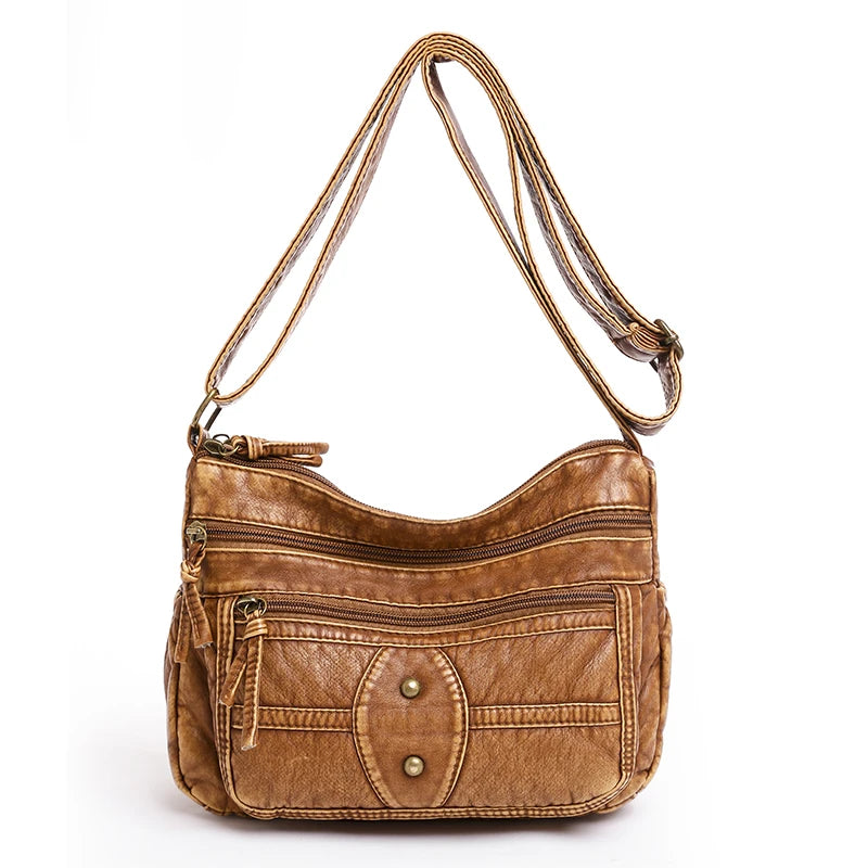 Retro Messenger Bag Women Soft PU Leather Shoulder Purse Zip Pocket Coin Handbag