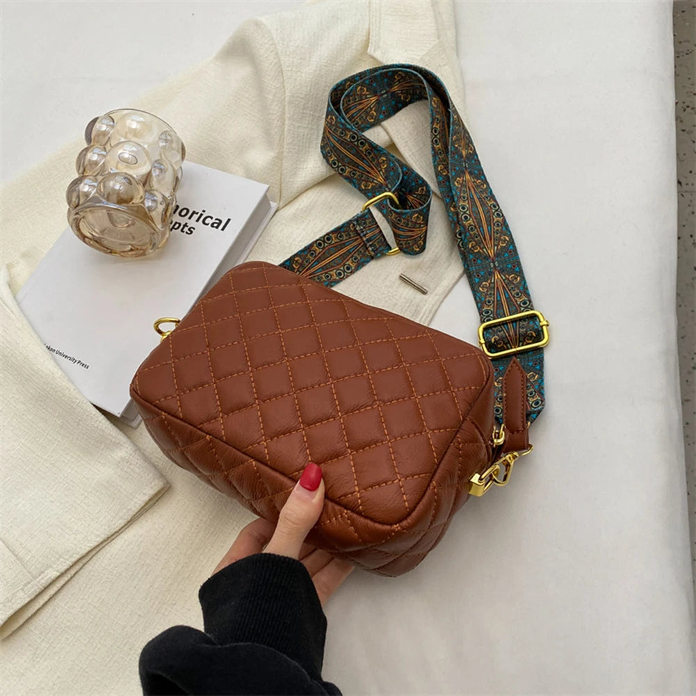 Quilted PU Leather Messenger Bag Rhombus Pattern Solid Zipper Small Satchel