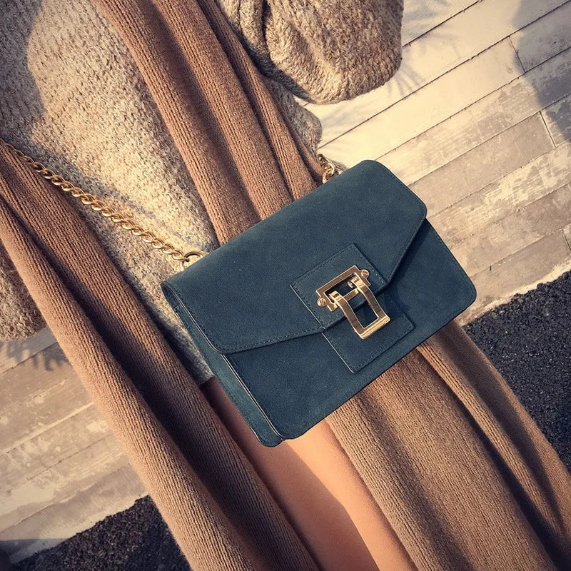 Vintage Metal Chains Hasp Nubuck Leather Shoulder Bag