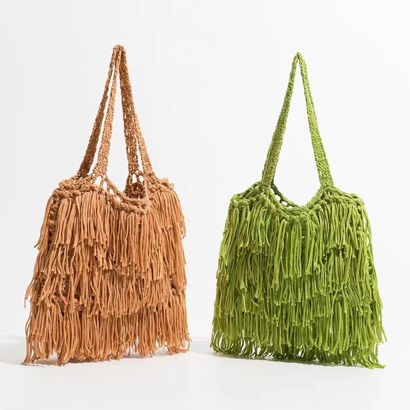 Retro NATIONAL Style Tassel Bag Large Capacity Shoulder Woven Bag