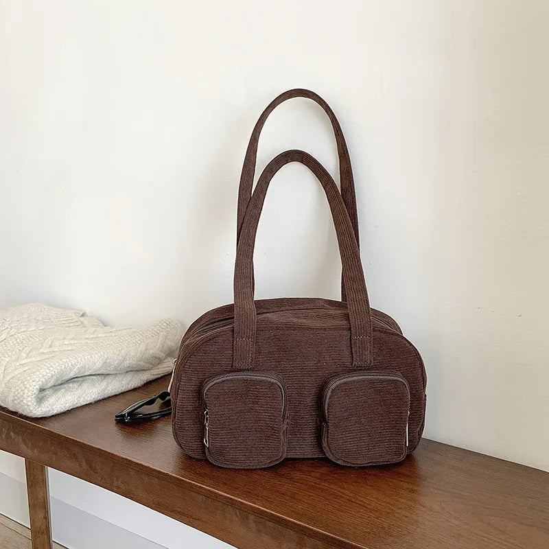 Retro Corduroy Shoulder Bag with Multi-pocket Design