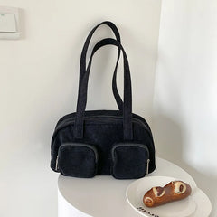 Retro Corduroy Shoulder Bag with Multi-pocket Design