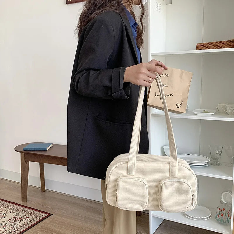 Retro Corduroy Shoulder Bag with Multi-pocket Design