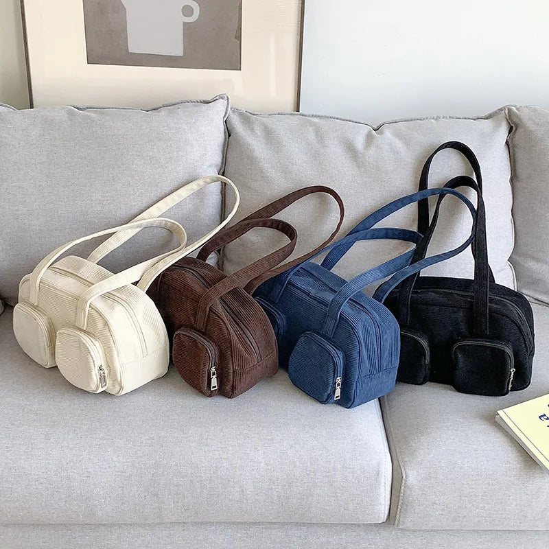 Retro Corduroy Shoulder Bag with Multi-pocket Design