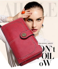 Retro Oil Wax Leather Women's Long Wallet Credit Card Clutch Purse
