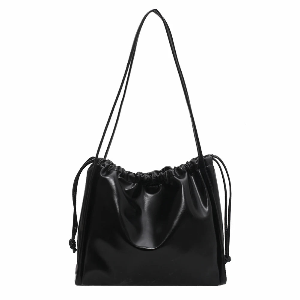 Retro PU Leather Women Underarm Bags Drawstring Solid Shoulder Bag