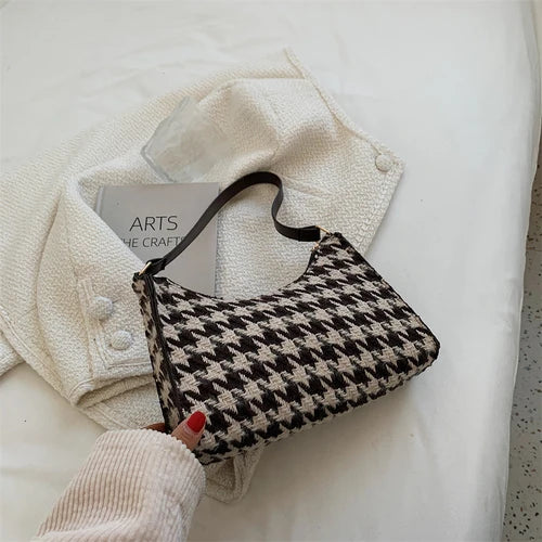 Retro Plaid Women Hobos Handbags Houndstooth Female Underarm Bag