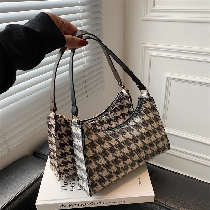 Retro Plaid Women Hobos Handbags Houndstooth Female Underarm Bag