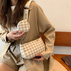 Plaid Shoulder Bag with Mini Round Purse Pendant, 2pcs Composite Bags