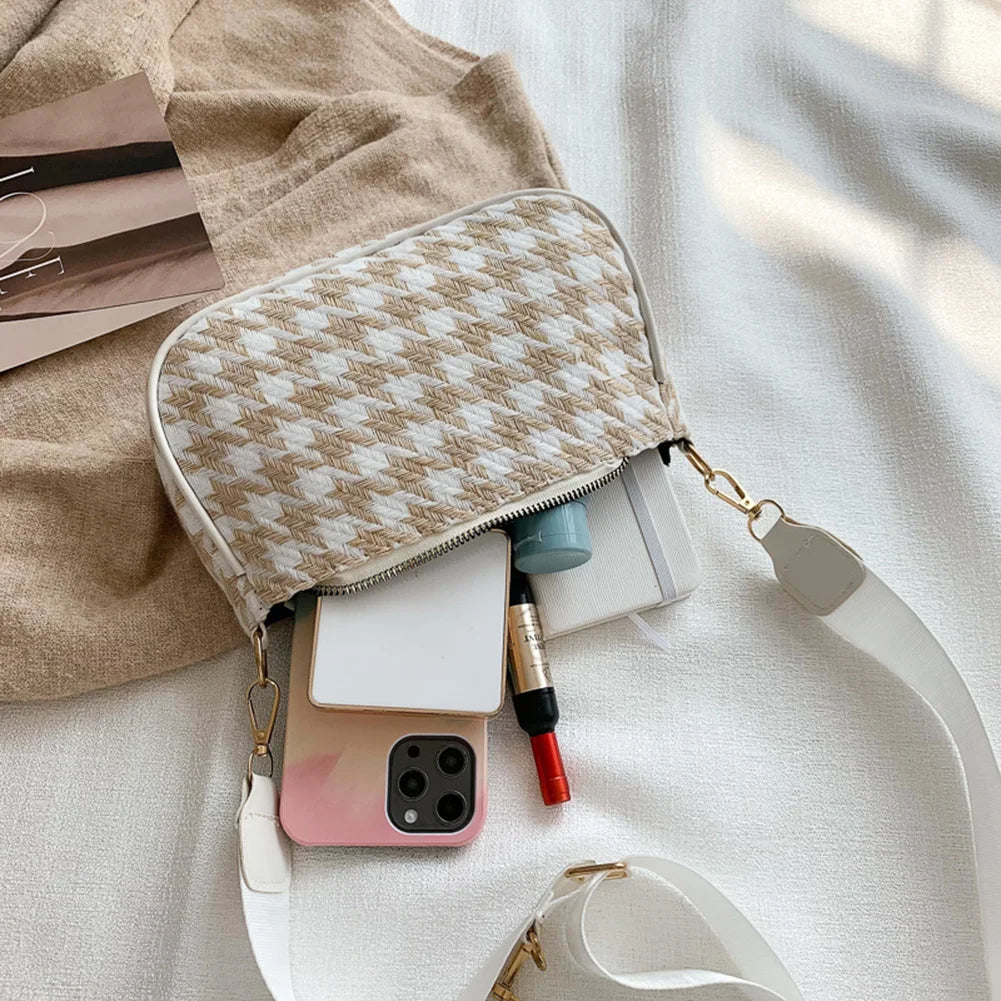 Plaid Shoulder Bag with Mini Round Purse Pendant, 2pcs Composite Bags