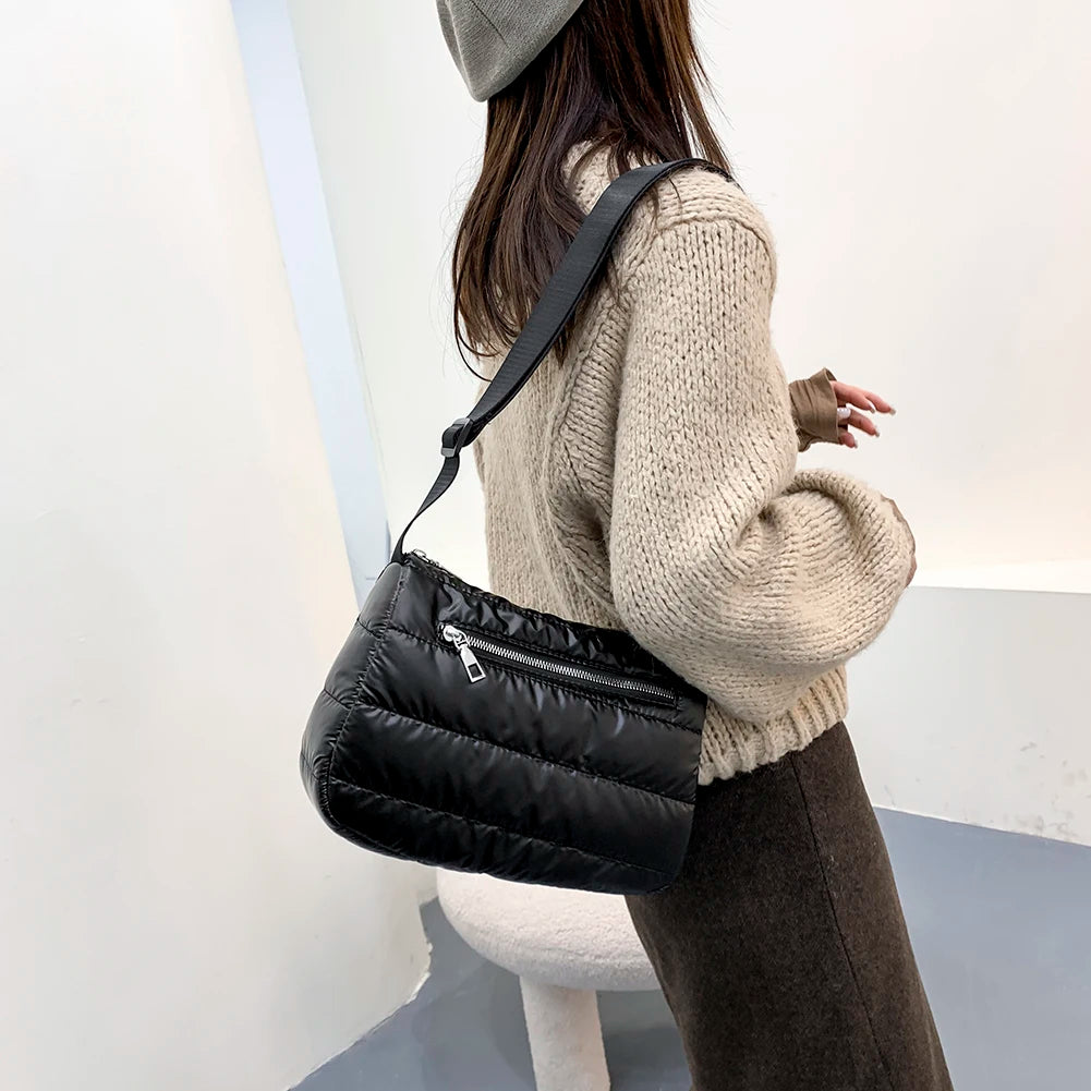 Retro Quilted Stripe Nylon Crossbody Bag Winter Handbag