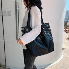 Retro Rivet Shoulder Bag Soft PU Leather Totes Casual Large Capacity