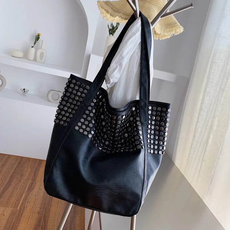 Retro Rivet Shoulder Bag Soft PU Leather Totes Casual Large Capacity