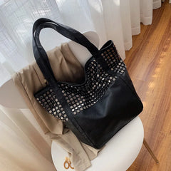 Retro Rivet Shoulder Bag Soft PU Leather Totes Casual Large Capacity