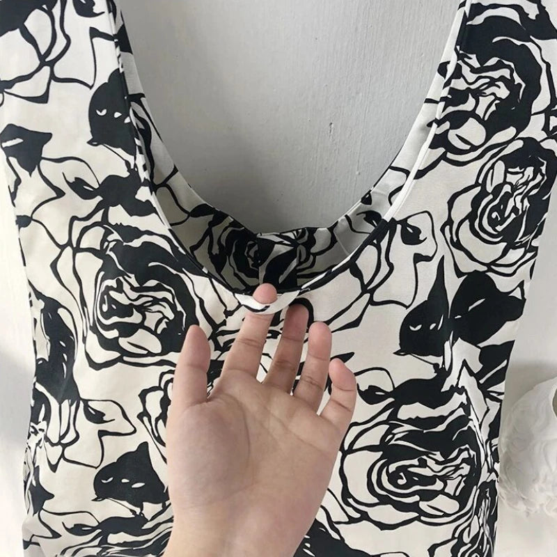 Retro Rose Floral Shoulder Bags Large Capacity Travel Canvas Underarm Shopping
