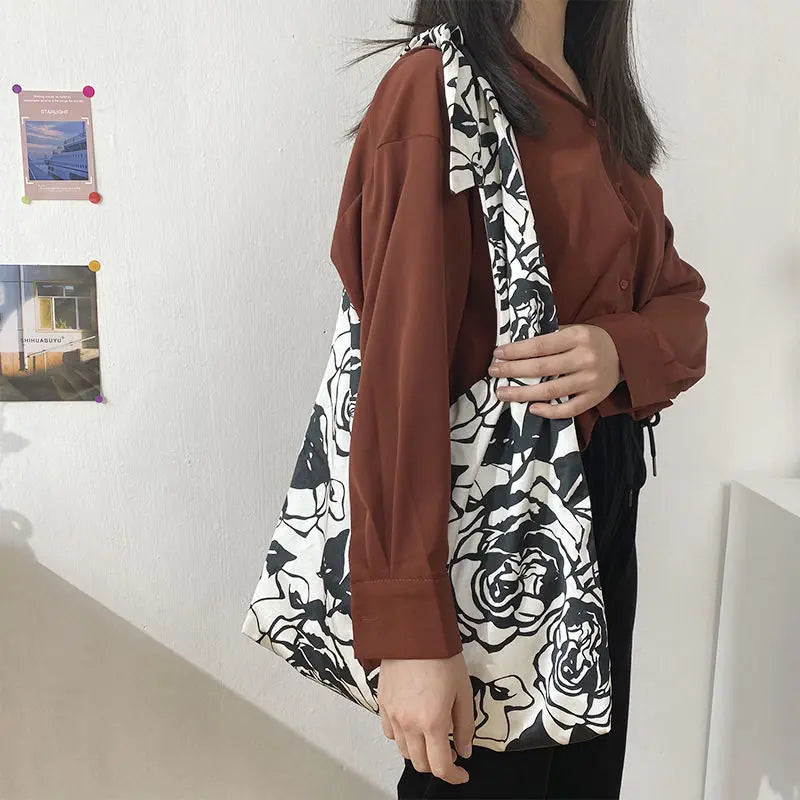 Retro Rose Floral Shoulder Bags Large Capacity Travel Canvas Underarm Shopping