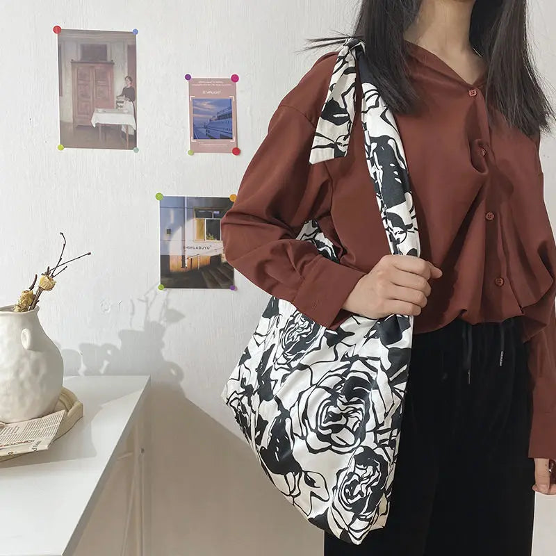 Retro Rose Floral Shoulder Bags Large Capacity Travel Canvas Underarm Shopping