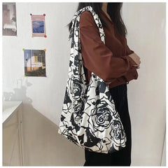 Retro Rose Floral Shoulder Bags Large Capacity Travel Canvas Underarm Shopping