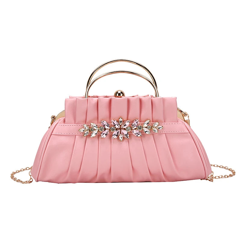 Retro Beaded Evening Bag Hand Pouch Small Shoulder Bag Metal Chain Dress Bag