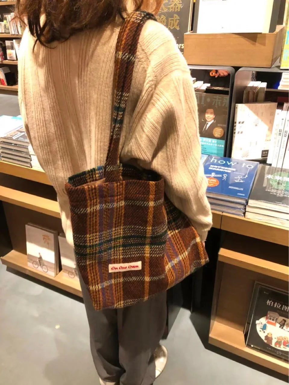 Retro Mixed Woven Wool Shoulder Bag Plaid Handbag
