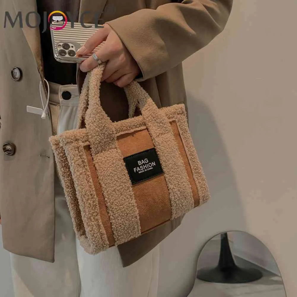 Retro Shoulder Bag Women Fleece Suede Splice Crossbody Handbag Winter Satchel