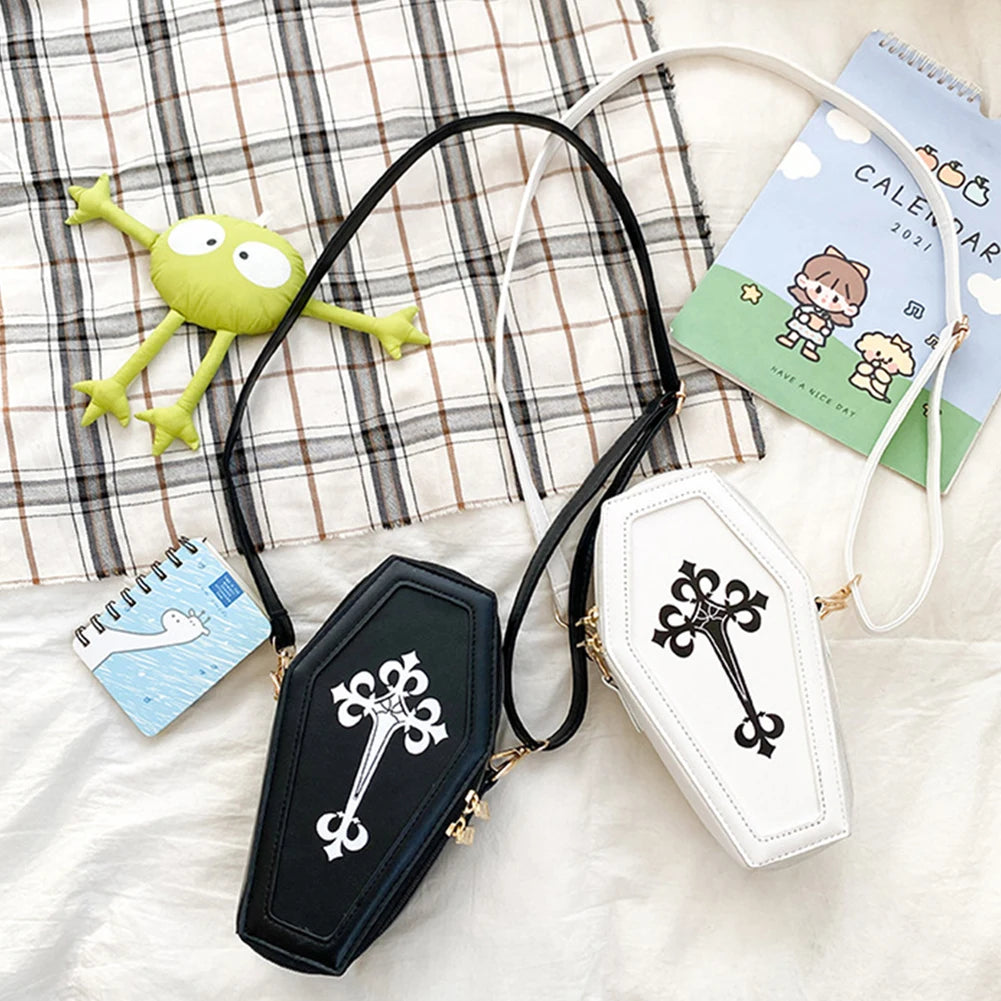 Gothic Crossbody Handbag Coffin Shape PU Leather Messenger Bag for Halloween