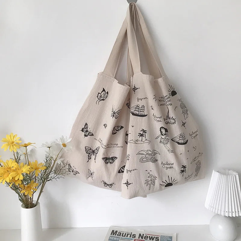 Retro Casual Handbag Butterfly Sailboat Print Cotton Linen Women's Canvas