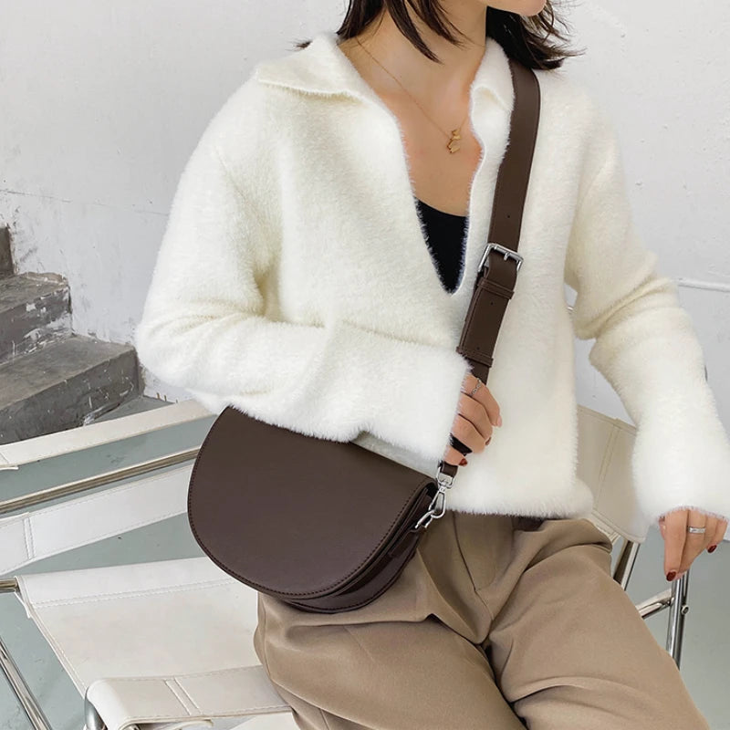 Vintage Solid Saddle Bag High Leather Shoulder Handbags