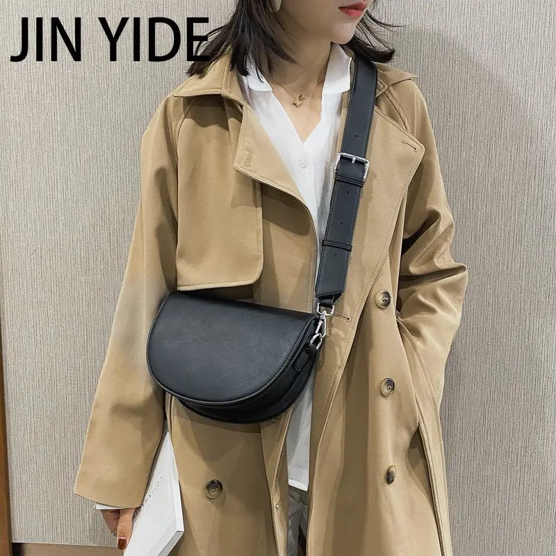 Solid Leather Saddle Bag for Women Crossbody Handbags