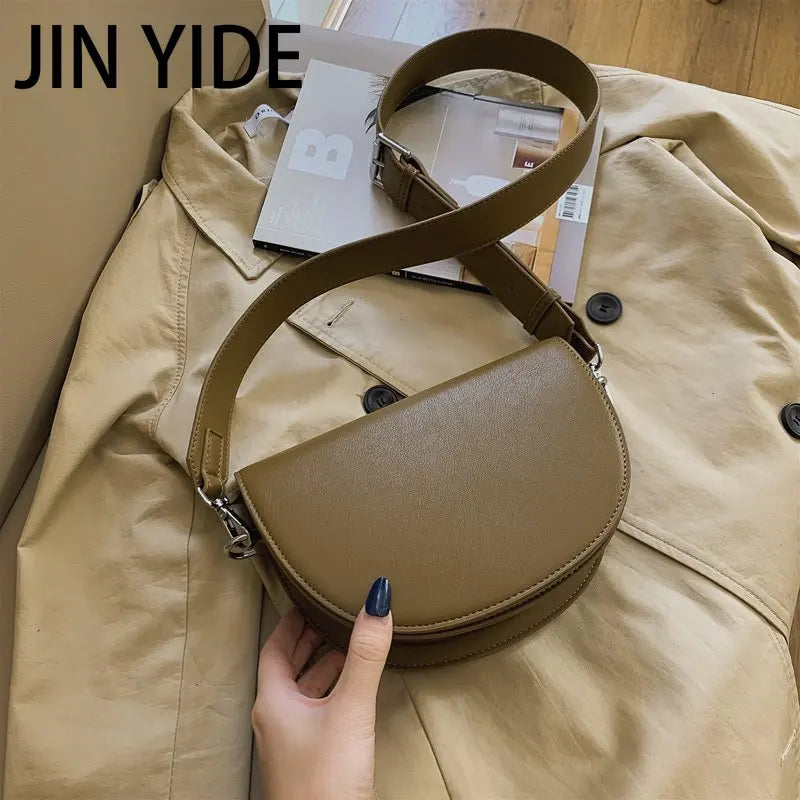 Solid Leather Saddle Bag for Women Crossbody Handbags