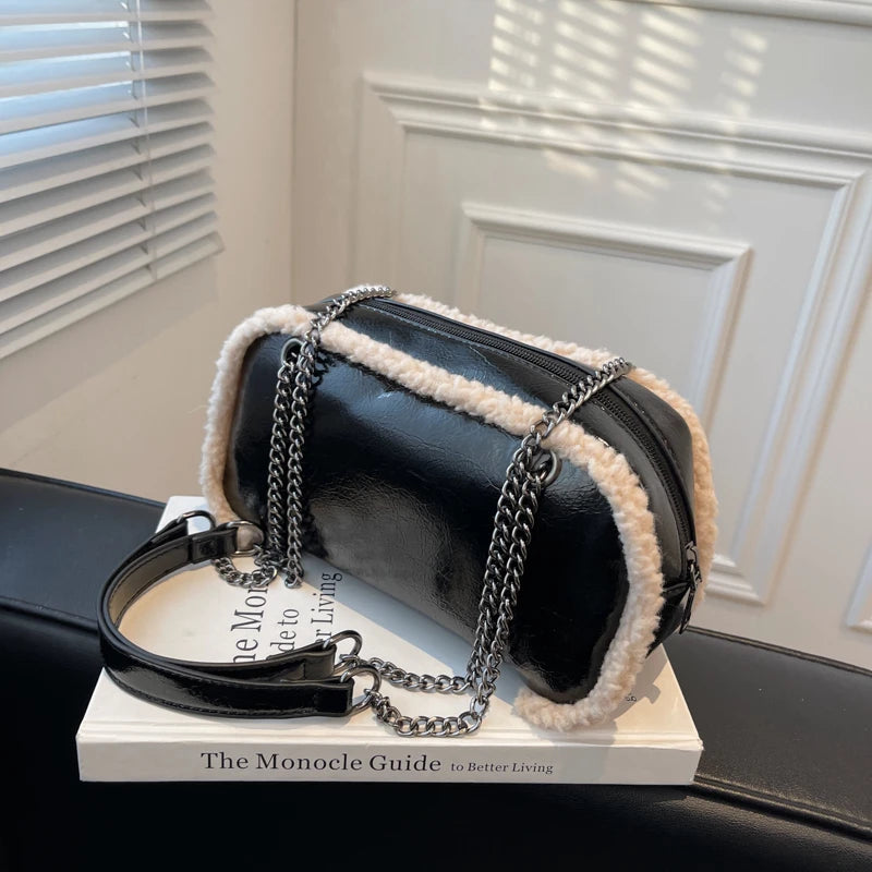 Retro Bright Leather Shoulder Bag Plush Edges Handbags