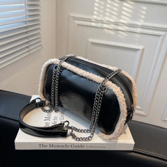 Retro Bright Leather Shoulder Bag Plush Edges Handbags