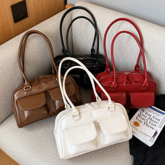 Retro Tote Handbags Double Pocket PU Leather Underarm Bag