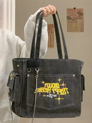 Vintage Embroidered Letters Tote High Capacity Shoulder Bag