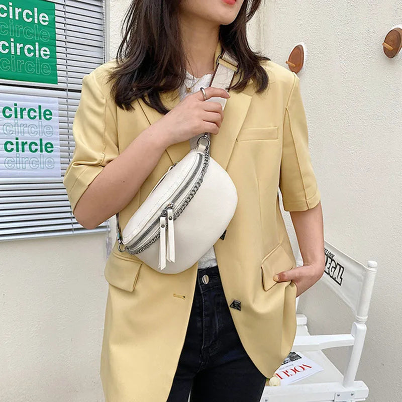Retro PU Leather Waist Bag Chain Waist Pack Women Belt Bag