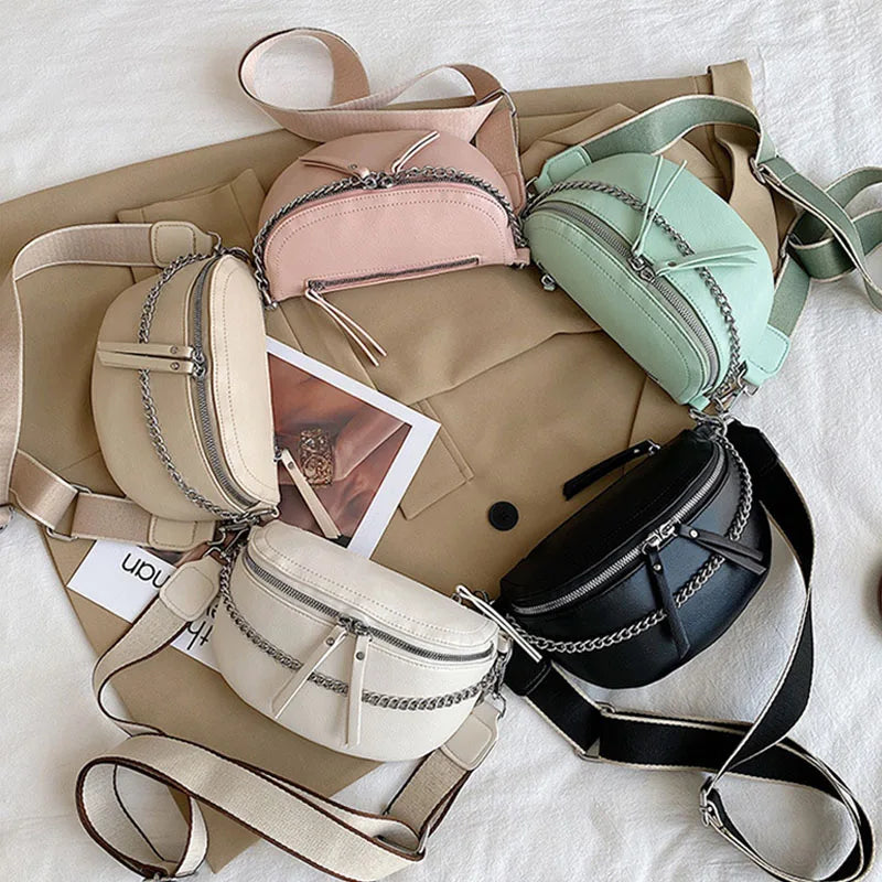 Retro PU Leather Waist Bag Chain Waist Pack Women Belt Bag